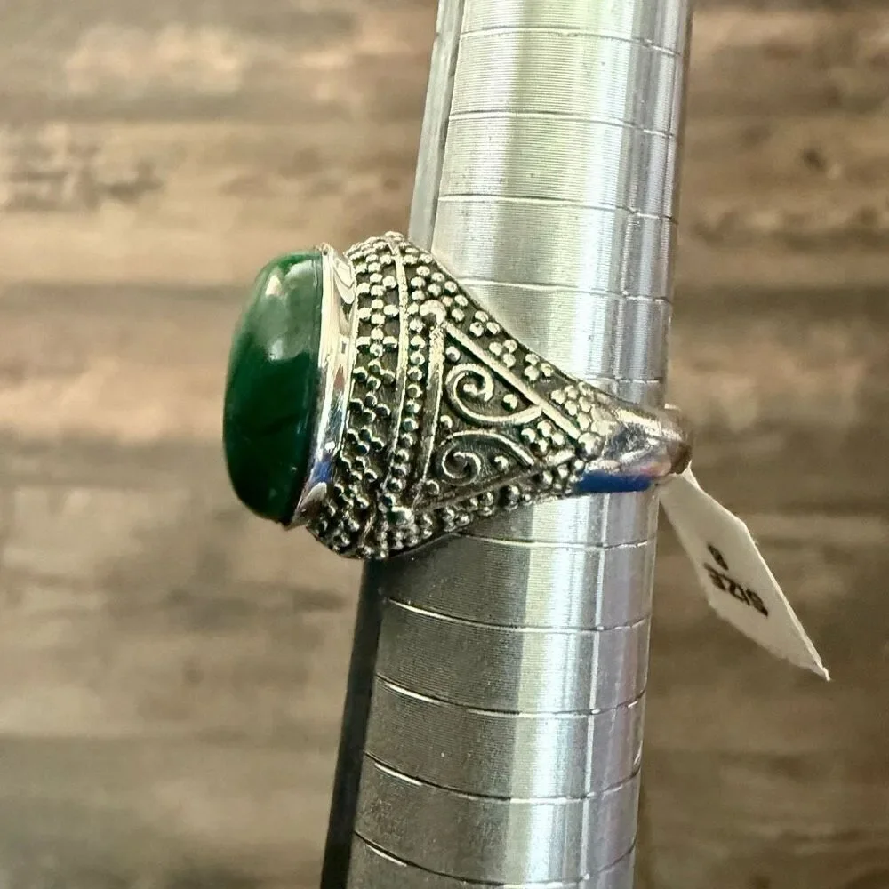 Natural Malachite Bali Style Ring 925 Sterling Silver Oval Cabochon Size 8 New